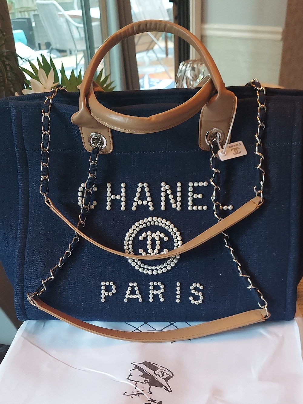 Chanel Navy Pearl-Embellished Canvas Tote with Tan Leather Trim